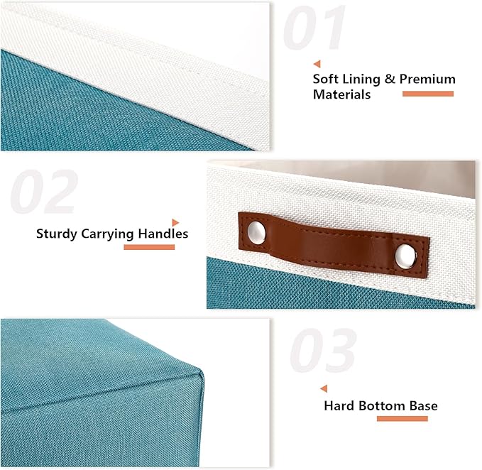 DULLEMELO Large Storage Basket, Collapsible Storage Bins Decorative Storage Baskets for Home Shelves Bedroom, Linen Fabric Basket with Leather Handles for Toys Books Organizing(White&Teal-Ruum Studio Home
