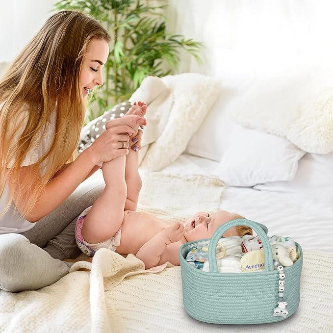 Diaper Caddy Organizer for Baby Cotton Rope Nursery Storage Bin Basket Portable Holder Tote Bag for Changing Table Car Travel Baby Shower Gifts Newborn Essentials Registry Must Haves Light Green-Ruum Studio Home