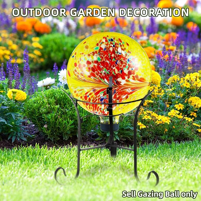 VOREEN 10-Inch Glass Gazing Ball, Outdoor Gazing Globe, Reflective Ball Yard Decoration for Homes, Patio, Lawn and Gardens, Gift for Mom Wife Friend, Phoenix Tail Design, Yellow-Ruum Studio Home