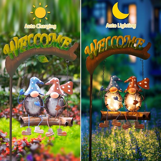 HONGLAND Gnome Garden Decor with Solar Lights, Funny Gnomes Swing Outdoor Decor, Gardening Gifts for Women Mom, Gnomes Yard Decorations with Welcome Sign for Lawn Porch Backyard Patio-Ruum Studio Home