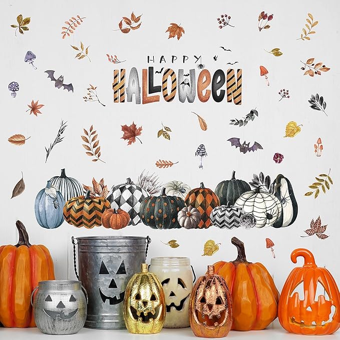 clothmile 40.15 x 38.58 Inch Happy Halloween Pumpkins Wall Decals Halloween Leaves Bat Spider Wall Stickers Halloween Removable Wall Sticker for Halloween Party Supplies Home Wall Decor-Ruum Studio Home