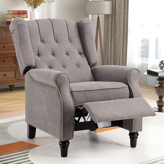 CANMOV Push Back Recliner Chair Set of 2, Modern Fabric Wingback Recliner Chair, Comfy Armchair Single Sofa Accent Chair with Padded Seat and Nailhead Trim, Tufted, Grey-Ruum Studio Home