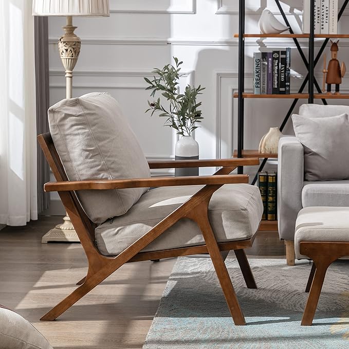 chairus Mid Century Accent Armchairs Modern Upholstered Lounge Chair Compfy Leisure Arm Chair for Living Room Fireplace/Bedroom/Reception/Dorms, Set of 2, Denim Fabric Beige-Ruum Studio Home