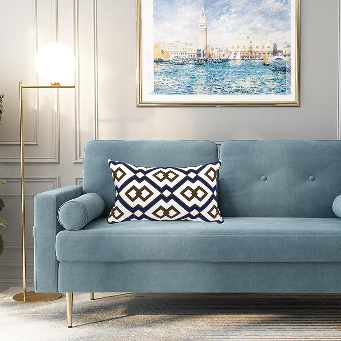 Alysheer Embroidered Lumbar Decorative Throw Pillow Cover 12"x 20", Classic Boho Geometric Embroidery Pattern Cotton Rectangular Cushion Case for Sofa Couch Living Room Bedroom(Blue Brown)-Ruum Studio Home