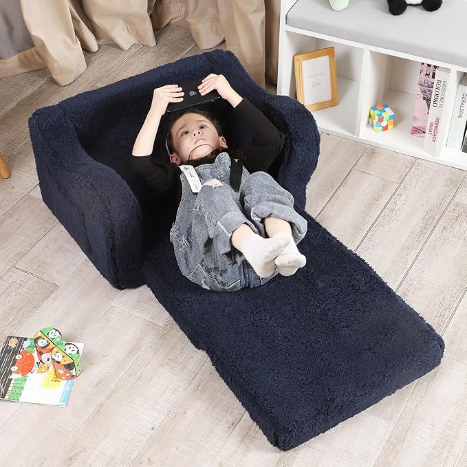 Kids Chairs for Toddler, 2-in-1 Toddler Soft Sherpa Couch Fold Out, Convertible Sofa to Lounger for Girls and Boys, Dark Blue-Ruum Studio Home
