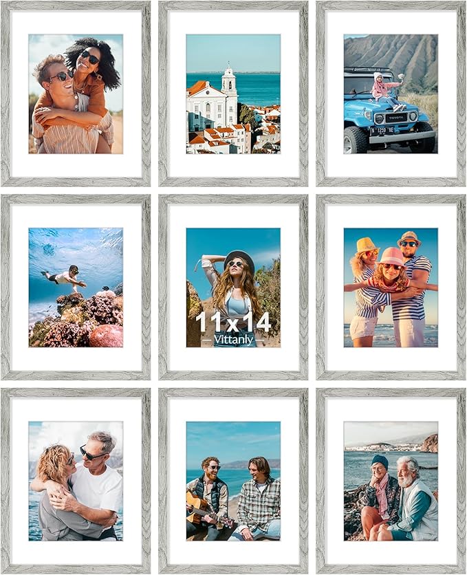 Vittanly 11x14 Picture Frames Set of 9, Shatter Resistant Plexiglass, Display 8x10 Pictures with Mat or 11x14 without Mat, Photo Frames for Wall or Tabletop, Engineered Wood, Grey-Ruum Studio Home