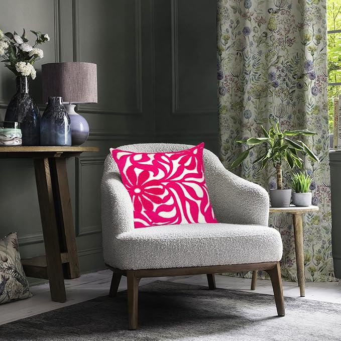 Alysheer Farmhouse Floral Leaves Embroidered Decorative Throw Pillow Cover 18x18 inches, Boho Tufted Flowers Embroidery Pattern Chic Cotton Cushion Case for Couch Bed Sofa Living Room(Bright Hot Pink)-Ruum Studio Home