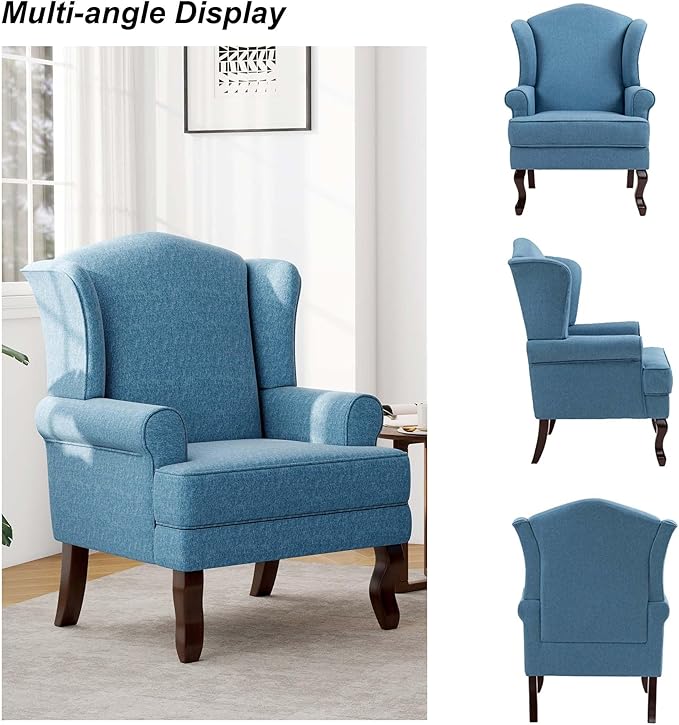 Accent Chair, High Back Upholstered Armchair with High Resilience Sponge & Wood Legs, Mid-Century Modern Comfy Single Sofa Reading Chairs for Living Room, Bedroom (Blue, Set of 2)-Ruum Studio Home