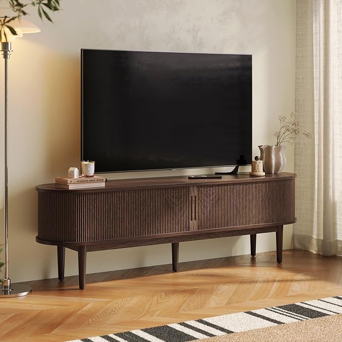 LINSY HOME Fluted TV Stand for 75" TV, Mid-Century Modern 70" Entertainment Center with Sliding Tambour Door and Storage Cabinet, Cruved TV Media Console Table for Living Room, Bedroom, Walnut-Ruum Studio Home