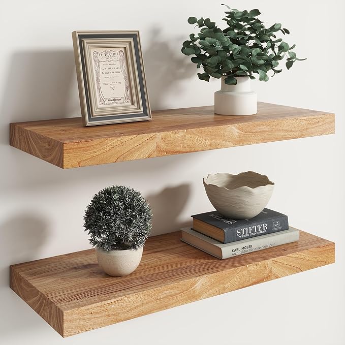 RICHFOCUS Elm Floating Shelves for Wall - 24" W x 9.3" D Rustic Solid Wood Shelves with Invisible Bracket, Wall-Mounted for Living Room, Bedroom, Kitchen Storage & Display, Set of 2, Natural-Ruum Studio Home