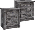 26" Tall Farmhouse Nightstand Set of 2, 3 Drawers End Table w/Charging Station, 23.6" Wide Large Side Table w/Roman Column, Wood Rustic Sofa Table for Bedroom, Light Gray-Ruum Studio Home