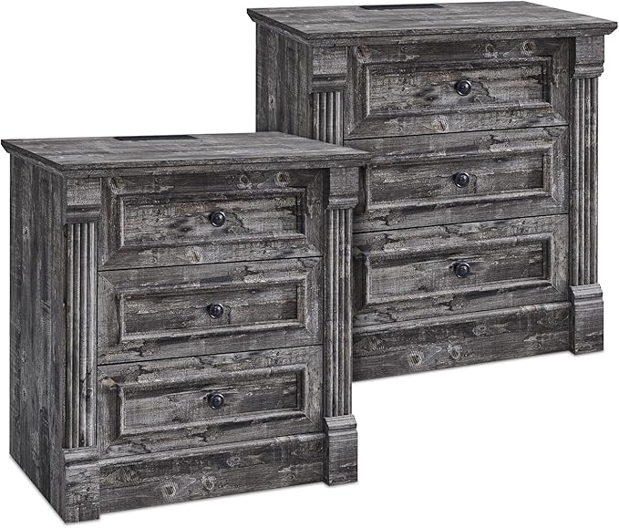 26" Tall Farmhouse Nightstand Set of 2, 3 Drawers End Table w/Charging Station, 23.6" Wide Large Side Table w/Roman Column, Wood Rustic Sofa Table for Bedroom, Light Gray-Ruum Studio Home