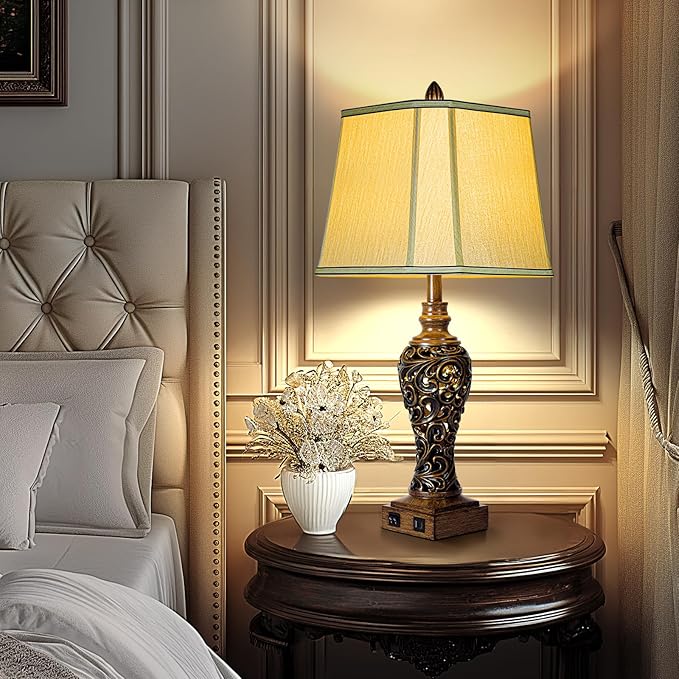 28.5'' Tall Farmhouse Vintage Table Lamp Set of 2 with Faux Silk Shade USB Ports Nightlight Decor for Bedside Living Room Bedroom Nightstands Office Home, Dark Bronze(Bulbs Included)-Ruum Studio Home