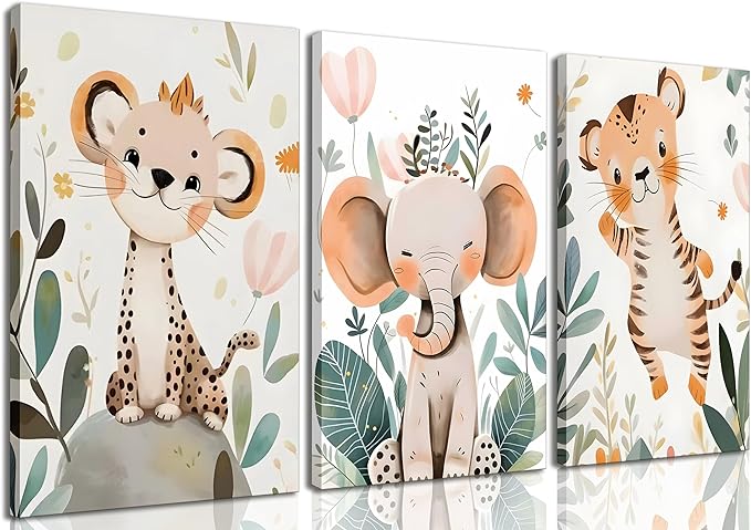 3 Pcs Safari Animals Nursery Canvas Wall Art Jungle Animals Cheetah Elephant Tiger Kids Room Illustration Pictures Wall Decor Posters Print Artwork for Classroom Boy's Girl's Room Bedroom-Ruum Studio Home