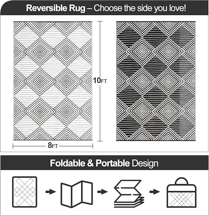 Waterproof Outdoor Rug 8x10ft, Foldable Reversible Plastic Straw Mat for Patio RV Deck Porch Backyard Balcony Camping Picnic Beach Indoor Outdoor Carpet, Black&White-Ruum Studio Home