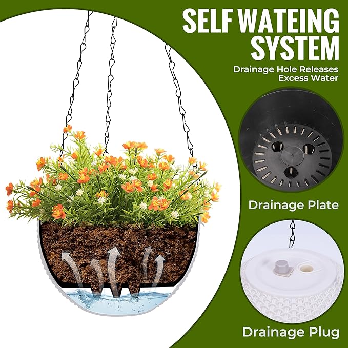 Hanging Pots for Plants Outdoor - 2 Pack White Artificial Rattan Solar Flower Baskets with Drainage Holes & Removable Tray, Garden Gifts for Women/Mothers, Porch, Balcony Decor-Ruum Studio Home