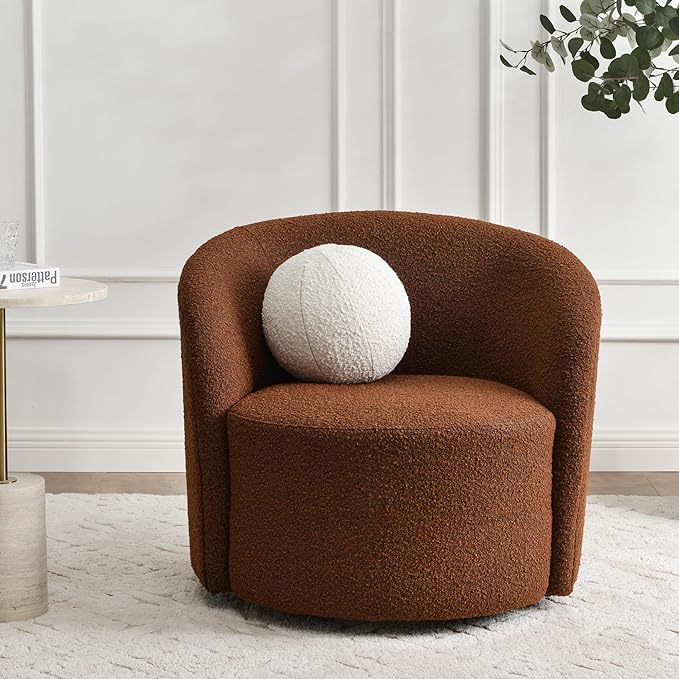KINWELL Sherpa Swivel Barrel Chair & Round Ball Pillow Set - 34" Wide Modern Boucle Accent Chair with 9” Matching Nordic Decorative Throw Pillow for Living Room and Bedroom(Brown)-Ruum Studio Home