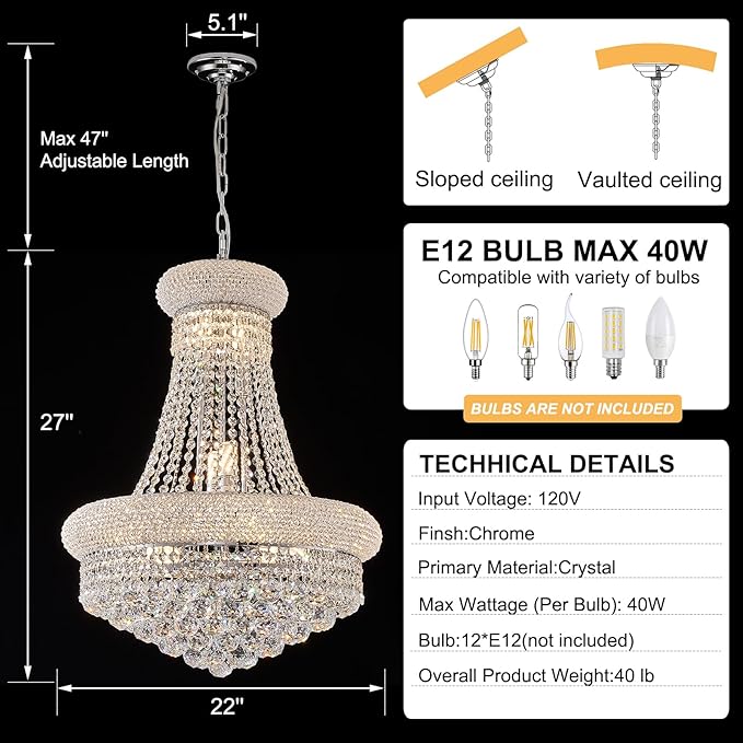 12 - Light Unique Empire Crystal Chandelier for Foyer Entrance Living Room Dining Room Bedroom Entryway Chrome Finish-Ruum Studio Home