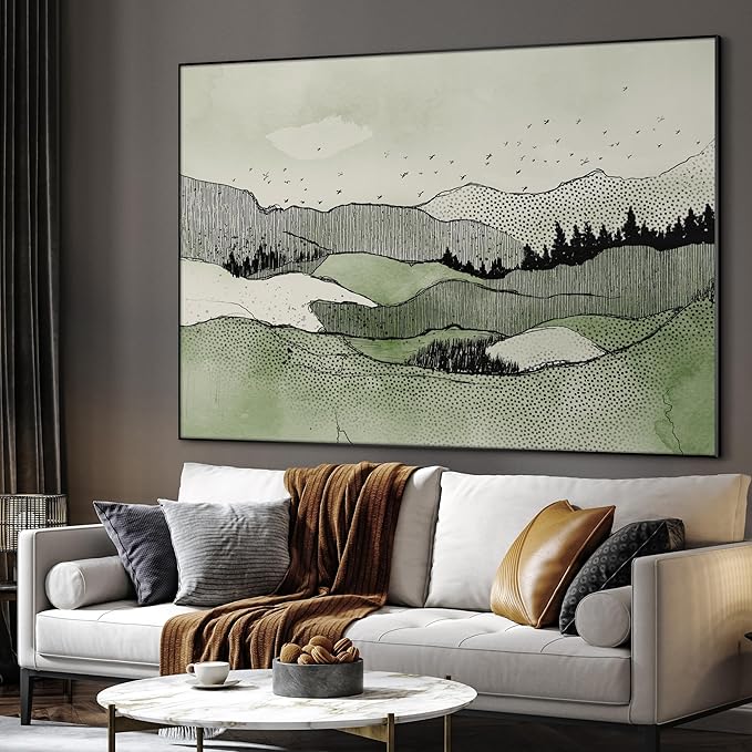 SIGNWIN 46"x60" Extra Large Framed Wall Art Green Line Art Mountain Landscape Illustration for Home Living Room Bedroom Decor (Frame Assembly Required)-Ruum Studio Home
