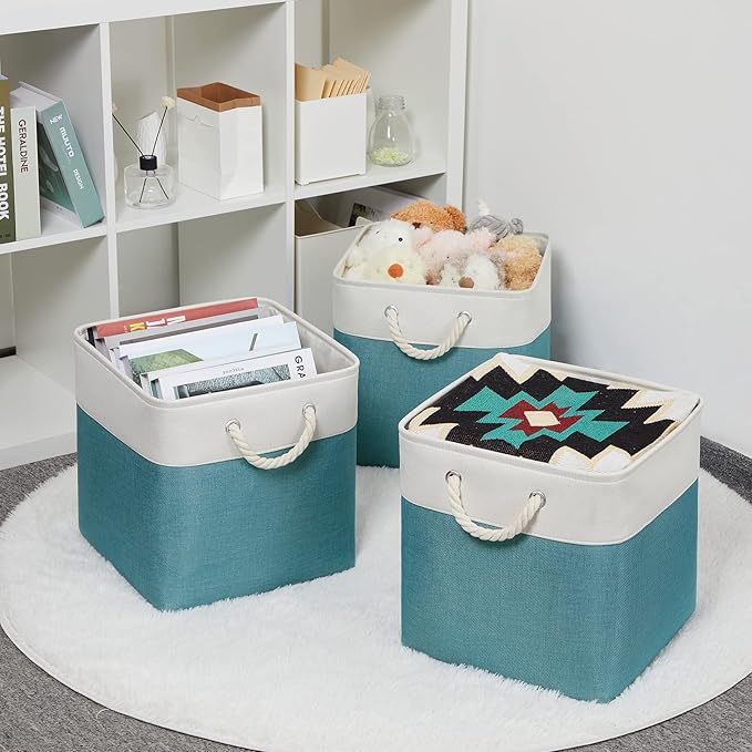 Bidtakay Fabric Baskets for Closets Shelves Lined Set of 3 Large Square Collapsible Storage Bins for Organizing 13 X 13 Cube Storage Bins for Pantry Organization Storage(Teal Blue)-Ruum Studio Home