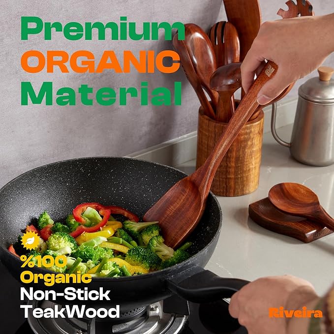 Riveira Dark Teak Kitchen Utensils Set - 12-Piece Non-Toxic Cooking Utensils Set - Wooden Spoons for Cooking - Spatula for Cooking - Teak Wooden Utensils-Ruum Studio Home