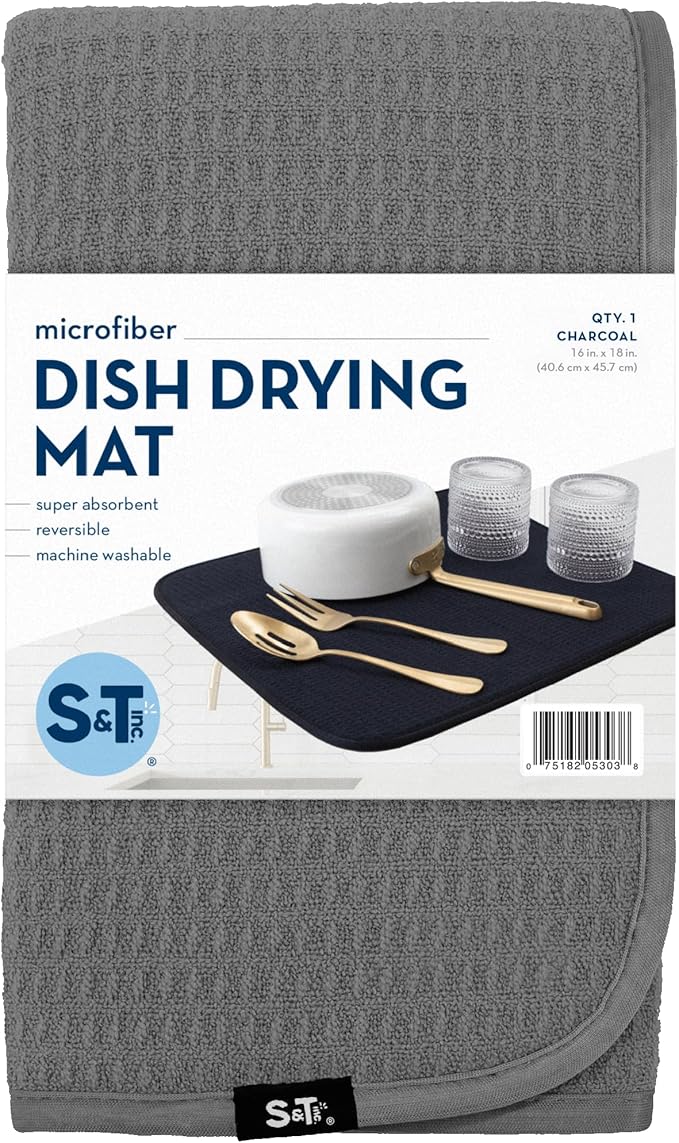 S&T INC. Dish Drying Mat, 16” x 18”, Absorbent Microfiber Kitchen Counter Mat, Dish Drying Pad for Dishes, Utensils, Pots and Pans, Large, Charcoal-Ruum Studio Home