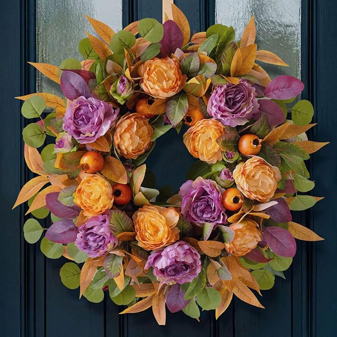 24 Inch Fall Wreath for Front Door - Autumn Wreath with Peony, Maple Leaves, Berries - Farmhouse Thanksgiving Halloween Decor for Porch, Front Door, Indoors & Outdoors - Rustic Harvest Home Decor-Ruum Studio Home