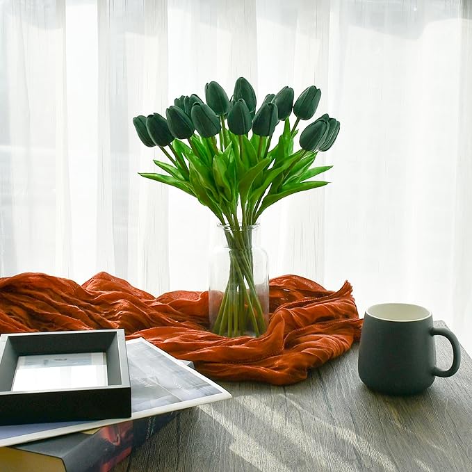 Mandy's Artificial Tulips 20 Stems Dark Green PU Faux Flowers for Wedding Home Decor 13.5 Inch-Ruum Studio Home