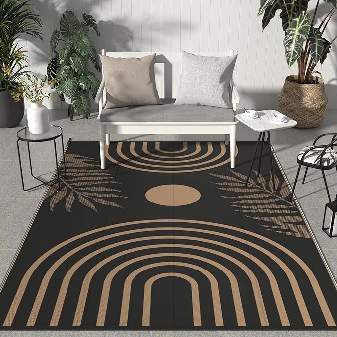GENIMO Outdoor Rug 9' x 12' Waterproof for Patio Clearance, Reversible Lightweight Plastic Straw Camping Carpet, Large Area Rugs Mats for Rv, Backyard, Deck, Porch, Picnic, Balcony, Mix-Black & Brown-Ruum Studio Home