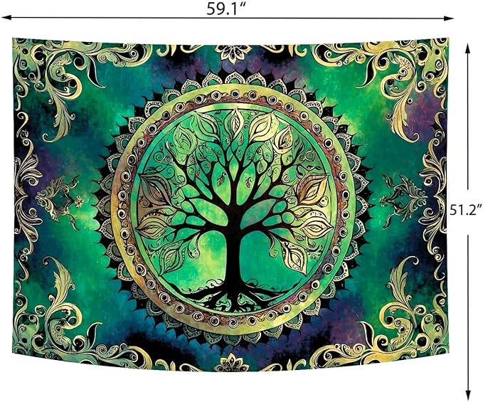Delur Tree of Life Tapestry Green Nature Bohemian Mandala Spiritual Tapestry Wall Hanging Mystical Landscape Hippie Psychedelic Headboard for Bedroom Living Room Home Decor (51.2" x 59.1")-Ruum Studio Home