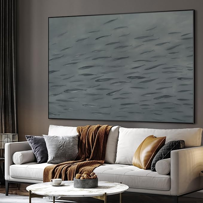 SIGNWIN 60"x72" Extra Large Framed Wall Art Gray School of Fish Minimalist Ocean-Inspired Marine Life Illustration for Home Living Room Bedroom Decor (Frame Assembly Required)-Ruum Studio Home