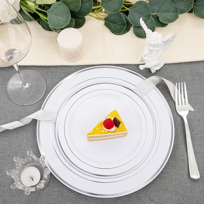 FLOWERCAT 60PCS Silver Plastic Plates - Heavy Duty White and Silver Plastic Plates Disposable - Include 30PCS 10.25inch Dinner Plates and 30PCS 7.5inch Dessert Plates for Wedding&New Year-Ruum Studio Home