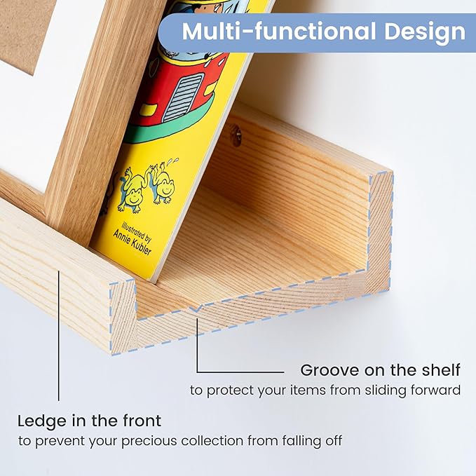 Picture Ledge Shelf for Wall, 24 inch Solid Pine Wood Nursery Book Shelves 2 Packs, Floating Ledge Shelves for Kids' Room Bedroom Bathroom Living Room Photo Frames Office Nursey Wall Decor, Natural-Ruum Studio Home