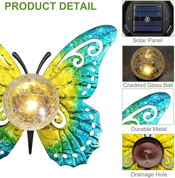 Solar Lights Outdoor Garden Butterfly Decor, Metal Butterfly Statue Decoration with LED Crackle Glass Globe, Solar Powered Lighted Garden Art Decor for Patio Lawn Yard Pathway Tabletop Ground-Ruum Studio Home