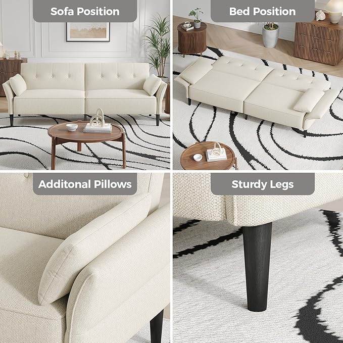 89” Futon Sofa Bed, Linen Comfy Futon Couch Bed with 2 Square Pillows, Convertible Sleeper Sofa with Adjustable Backrest& Armrests, Modern Loveseat Sleeper for Living Room, Bedroom, White-Ruum Studio Home