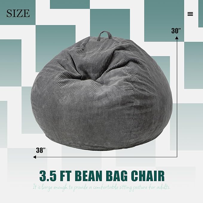 Hobestluk 3.5FT Bean Bag Chair Large Bean Bag with Filler Included Bean Bag Chairs for Adults Teardrop Bean Bag Chair with Removable Cover for Bedroom Living Room - (Large, Grey)-Ruum Studio Home