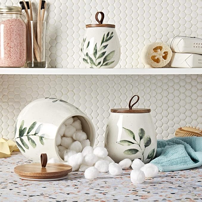 TTU Tabletops Gallery Ceramic Canister Collection- Stoneware Designed Kitchen Storage Acacia Wood White Set, 3 Piece Green Leaf Canister Set-Ruum Studio Home