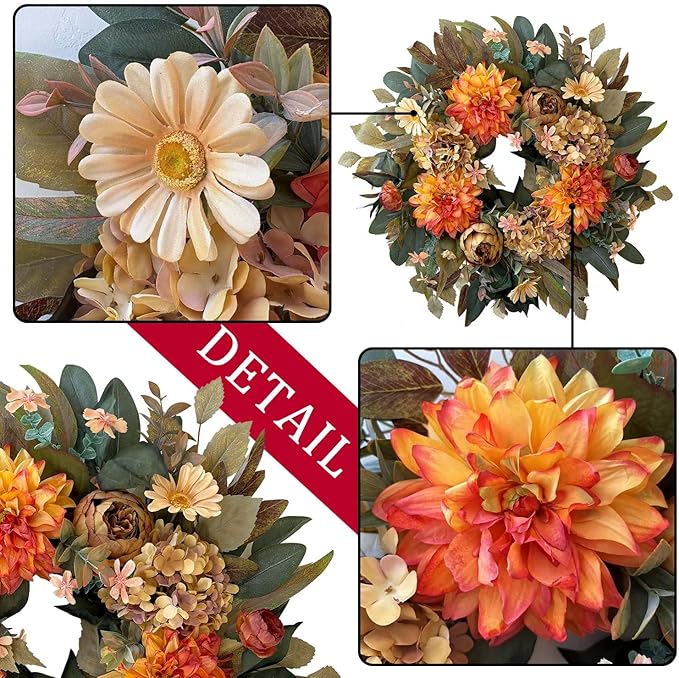 WANNA-CUL 24 Inch Spring Fall Wreaths for Front Door,Fall Wreath with Orange Hydrangea&Peony and Dahlia Flowers-Fall Decoration for Home-Large Fall Decor Door Wreath for Autumn,Harvest-Ruum Studio Home