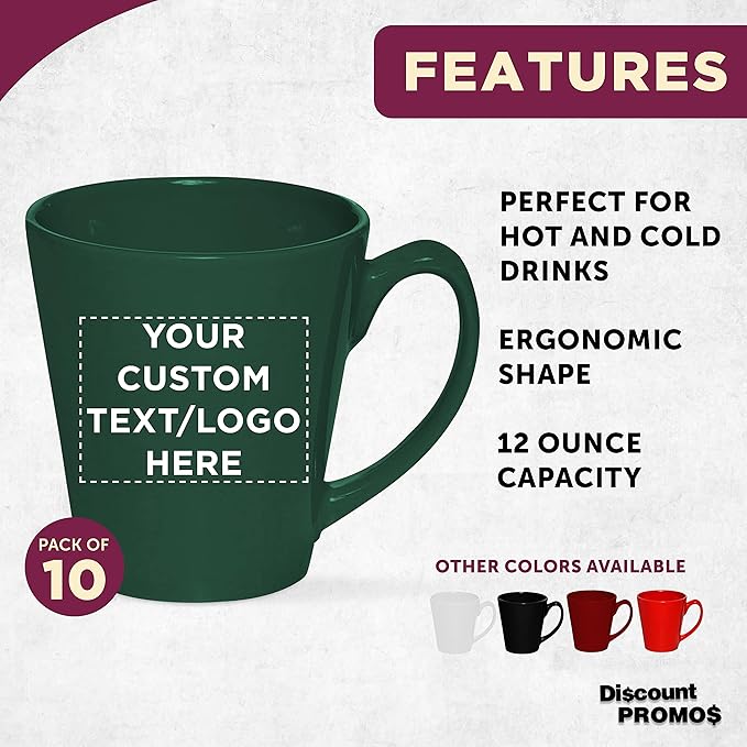 DISCOUNT PROMOS Custom Glossy Ceramic Latte Coffee Mug 12 oz. Set of 10, Personalized Bulk Pack - Perfect for Tea, Espresso, Cappuccino, Hot Cocoa - Green-Ruum Studio Home