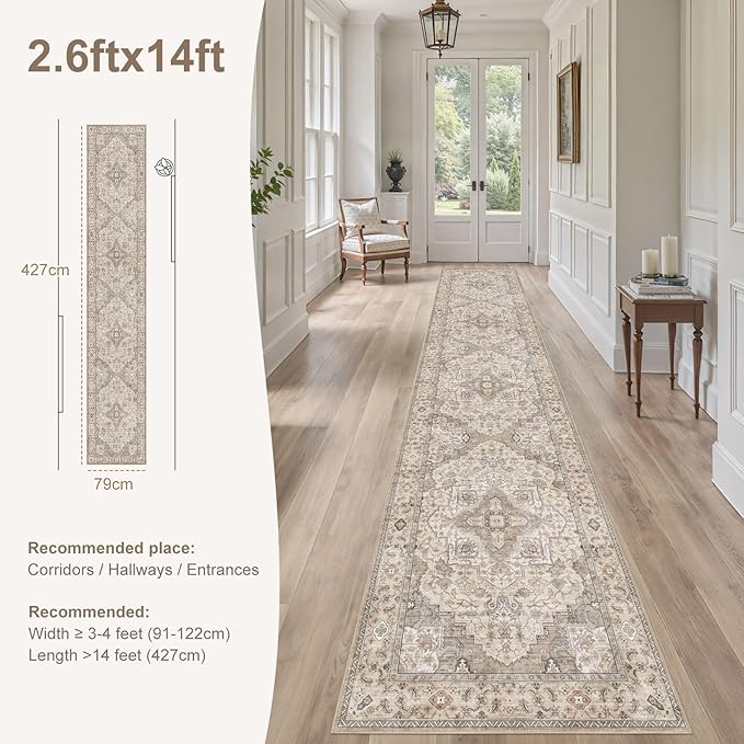 Washable 2.6x14 Runner Rug - Area Rugs Neutral Vintage Distressed Floral Farmhouse Boho Large Soft Floor Rug Indoor Carpet for Hallway Entryway Home - Brown/Multi-Ruum Studio Home