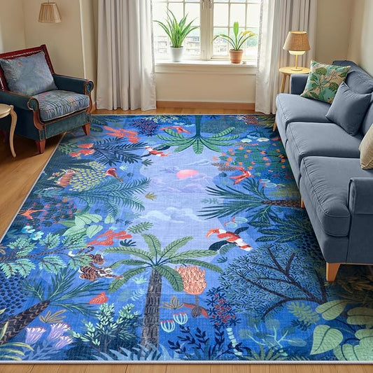 LIVEBOX Jungle Animal Print Dining Room Rugs for Under Table, Soft Modern Rug for Living Room, Washable Kids Rugs for Boy Bedroom, Non-Skid Blue Kids Carpet Playmat Rug for Play-Ruum Studio Home