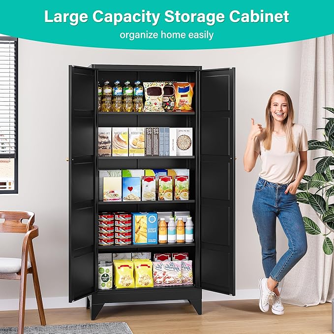 Metal Storage Cabinets with 2 Doors and 5 Shelves,Tall Storage Cabinet,Large Cupboard Closet,Pantry Storage Cabinet for Home,Office,Bathroom,Dining/Living Room (Black, 72" H)-Ruum Studio Home