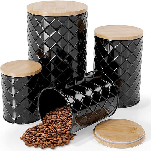 Pebble & Stem® Black Metal Canister Set for the Kitchen Counter, Food Canister Set of 4, Airtight Lids, Sugar and Flour Containers for Countertops, Coffee and Tea Storage, Farmhouse Decor-Ruum Studio Home