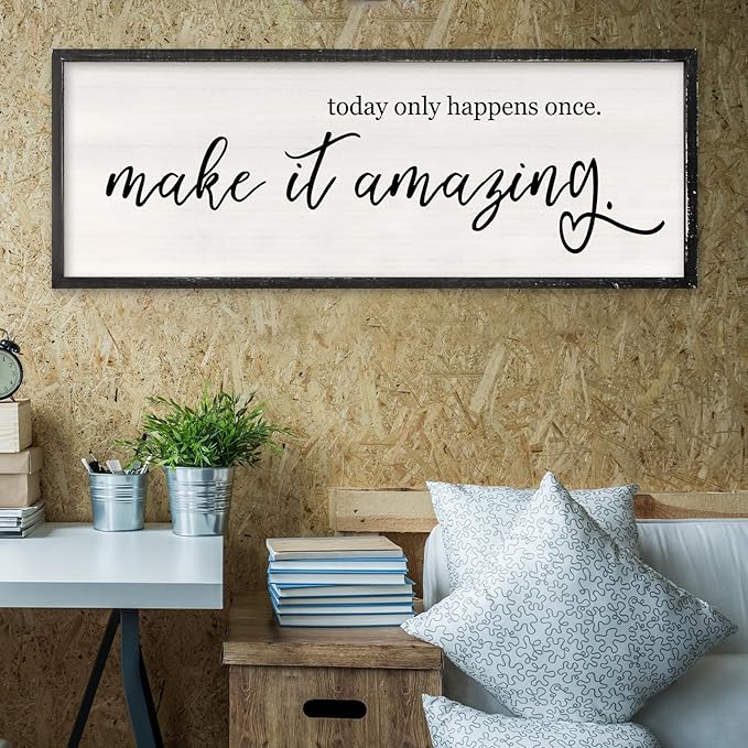 RLWangChao Today Only Happens Once Make It Amazing Wall Art Decor 40x15 Inch Large Inspirational Quote Sign Rustic Living Room Vintage Wood Frame Office Motivational Home Wall Hanging (Black)-Ruum Studio Home