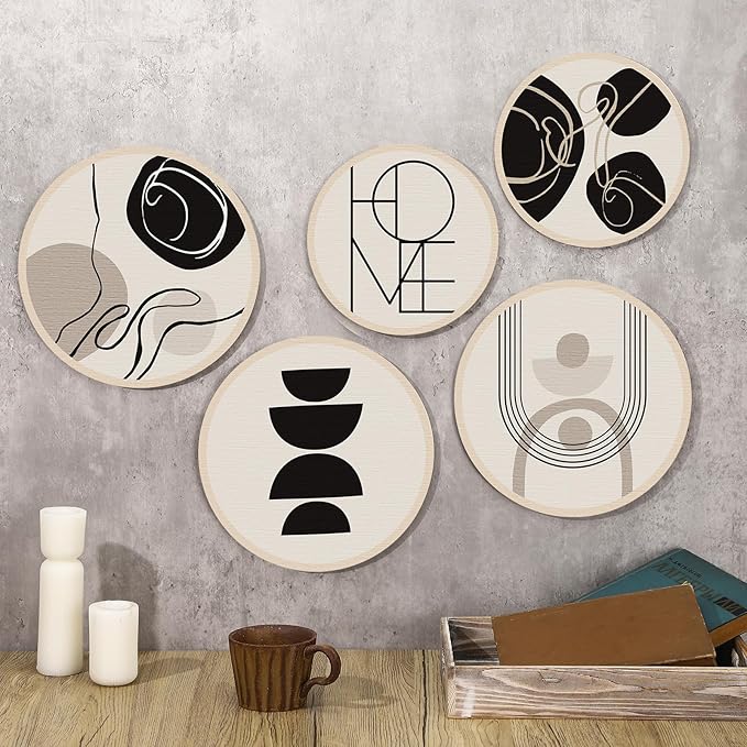 Qunclay 5 Pcs Wall Art Decor Wooden Living Room Wall Decor Bohemian Hanging Farmhouse Geometric 10'' and 8'' Aesthetic Wood Minimalist Posters for Bedroom(Classic)-Ruum Studio Home