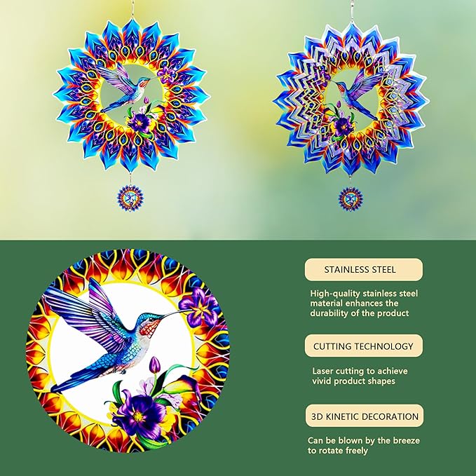 Hummingbird Wind Spinner,Hanging Wind Spinners Outdoor for Garden Decoration，12 inch 3D Stainless Steel Wind Sculpture for Indoor/Outdoor Decor-Ruum Studio Home
