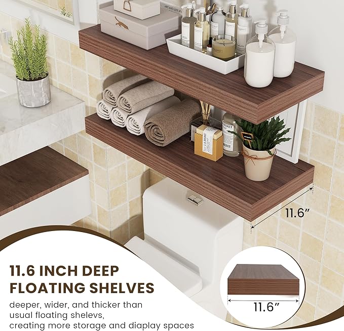 Deep Floating Shelves for Wall | 12 Inch Deep Floating Shelves 30 Inches Long Set of 2 | Rustic Walnut Floating Shelves for Living Room Bathroom Laundry Room Bedroom Kitchen Home Office-Ruum Studio Home