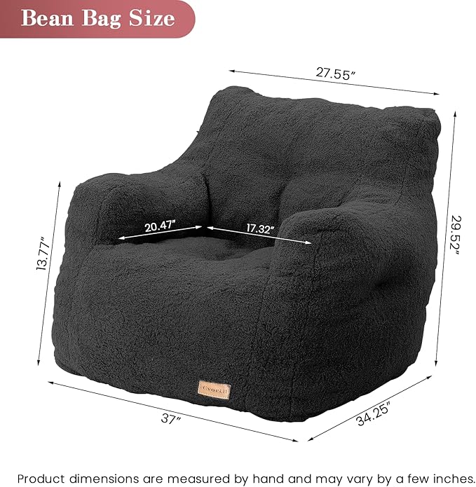 Bean Bag Chair with Filler, Bean Bag Sofa with Tufted Soft Stuffed Filling, Fluffy and Lazy Sofa, Comfy Cozy BeanBag Chairs with Memory Foam for Dorm, Apartment, Living Room (Black)-Ruum Studio Home