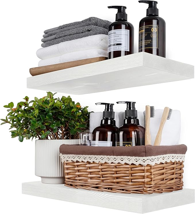 BGMG Wood Floating Shelves 16 inch Set of 2, Rustic Wooden Wall Mount Shelves for Bathroom Living Room Bedroom Kitchen Farmhouse -16x 6.7 x1.25 inch- White-Ruum Studio Home