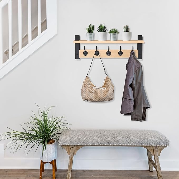 Sorbus Coat Hooks Wall Mount with Shelf – 24 Inch Coat Rack Wall Mount with 5 Heavy Duty Hooks – Floating Wall Shelf with Hooks for Entryway, Bathroom, Bedroom, Kitchen, or Mudroom (Maple Wood)-Ruum Studio Home